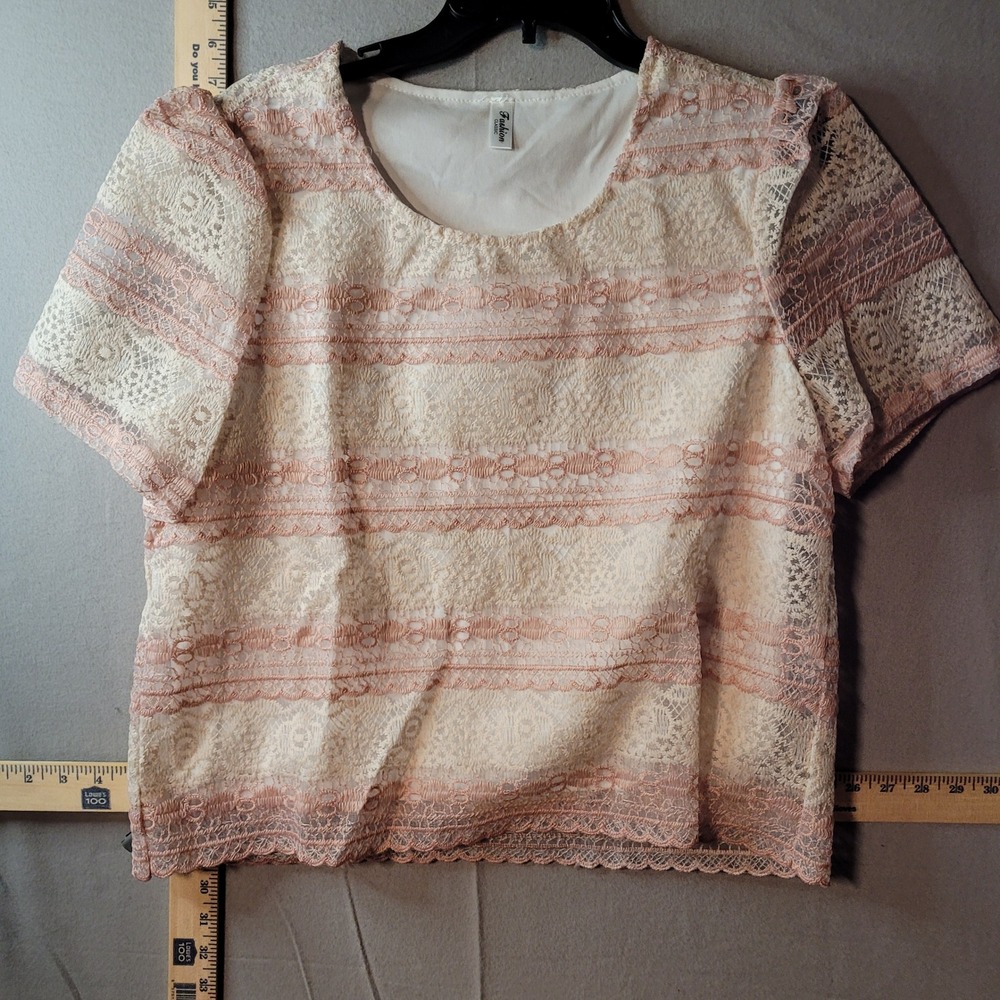 Fashion Classic Womens Pink‎ White Striped Lace Short Sleeve Blouse Top Size L